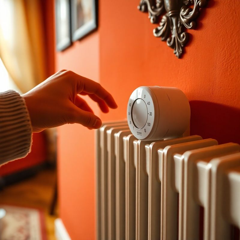 Detail ruky nastavující bílý termostatický ventil na radiátoru v útulném bytě s teplou terakotovou stěnou